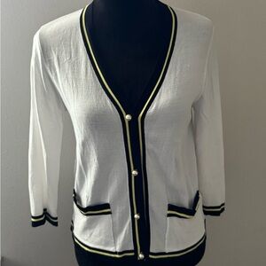 JJ Jigott White‎ cardigan stripe trim pearl buttons light knit cardigan Sz S